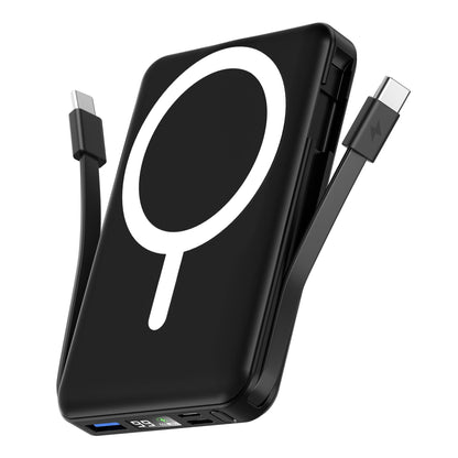 podoru for Magsafe Battery Pack, 10000mAh Magnetic Power Bank Built-in Double USB C Cables 20W PD Fast Charging LED Display Wireless Portable Charger for iPhone 17/16/15/14/13/12 Series-Black