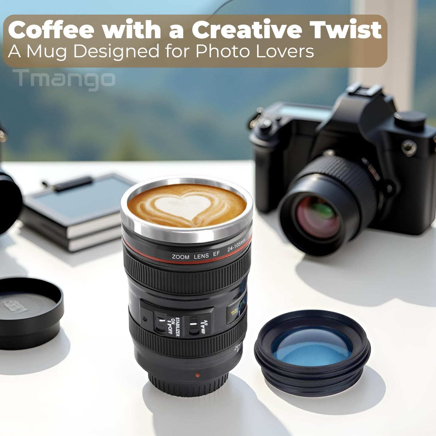 Tmango Camera Lens Coffee Mug with Clear Lid – Unique Realistic Lens Cup Replica, Gift for Photography Lovers
