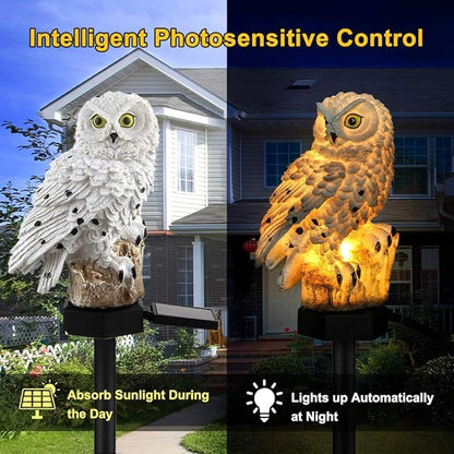 Hoofun Owl Solar Garden Lights 2pcs Waterproof Outdoor Decor LED Lawn Lamp Solar Powered Ornaments for Yard, Patio, Garden Landscape Lighting (White)
