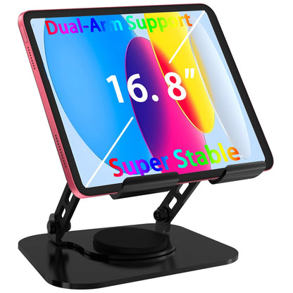 TAPMEI Tablet Stand, 360° Rotation Dual-Arm Support iPad Holder Office Desk Accessories, Foldable iPad Air Holder Travel Accessories for Desk Men Gifts Fits All 4-16" Tablet (Black)