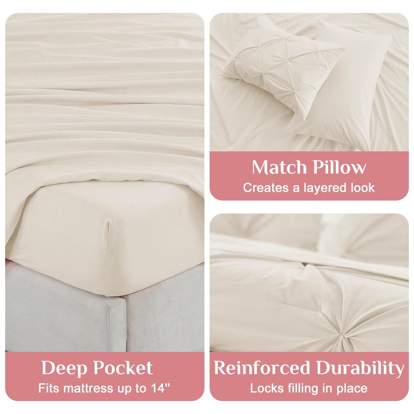 JOLLYVOGUE Queen Comforter Set 7 Pieces - Bed in a Bag Queen for All Season, Pintuck Bedding Comforter Sets with Comforter, Flat Sheet, Fitted Sheet and Pillowcases & Shams, Beige