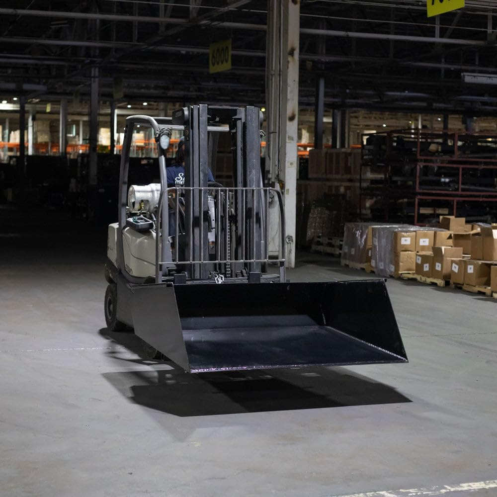 Titan Attachments Forklift Mounted Front Loading and Dumping Bucket, Manual Self Dumping Bucket, Dust Pan Design with Safety Chain and Dumping Pull Cord Included, Transport Snow Gravel, Sand, Brush