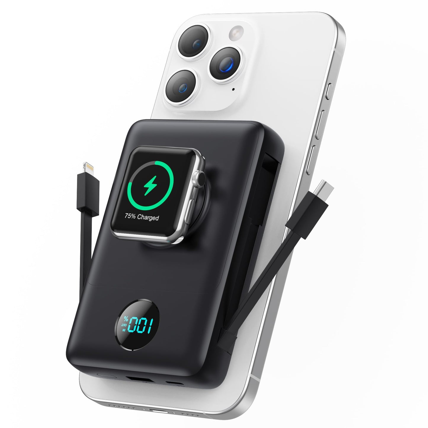 Magnetic Portable Charger for iPhone with Built-in Cables, 6-in-1 10800mAh Power Bank with iWatch Charger & LCD Display,25W PD Fast Charging Battery Pack for Magsafe,iPhone 16/15/14/13/12,Apple Watch