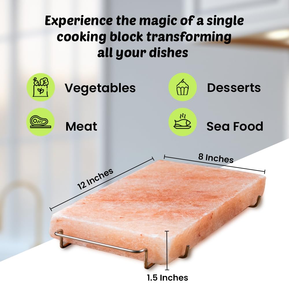 Himalayan Salt Block Cooking Plate 12x8x1.5 for Cooking, Grilling, Cutting and Serving, with Steel Tray & Recipe booklet Unique Gifts for Men, Women, Chefs & Cooks