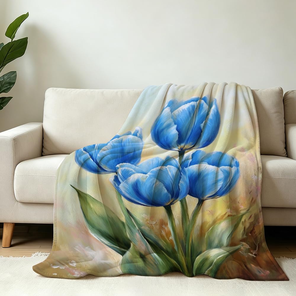 HUNXIAOJ Tulip Blanket Floral Throw Blanket Tulip Gifts for Women Rustic Flower Decor Floral Bedding Warm Soft Flannel for Girl Sofa Couch (49in x 59in)