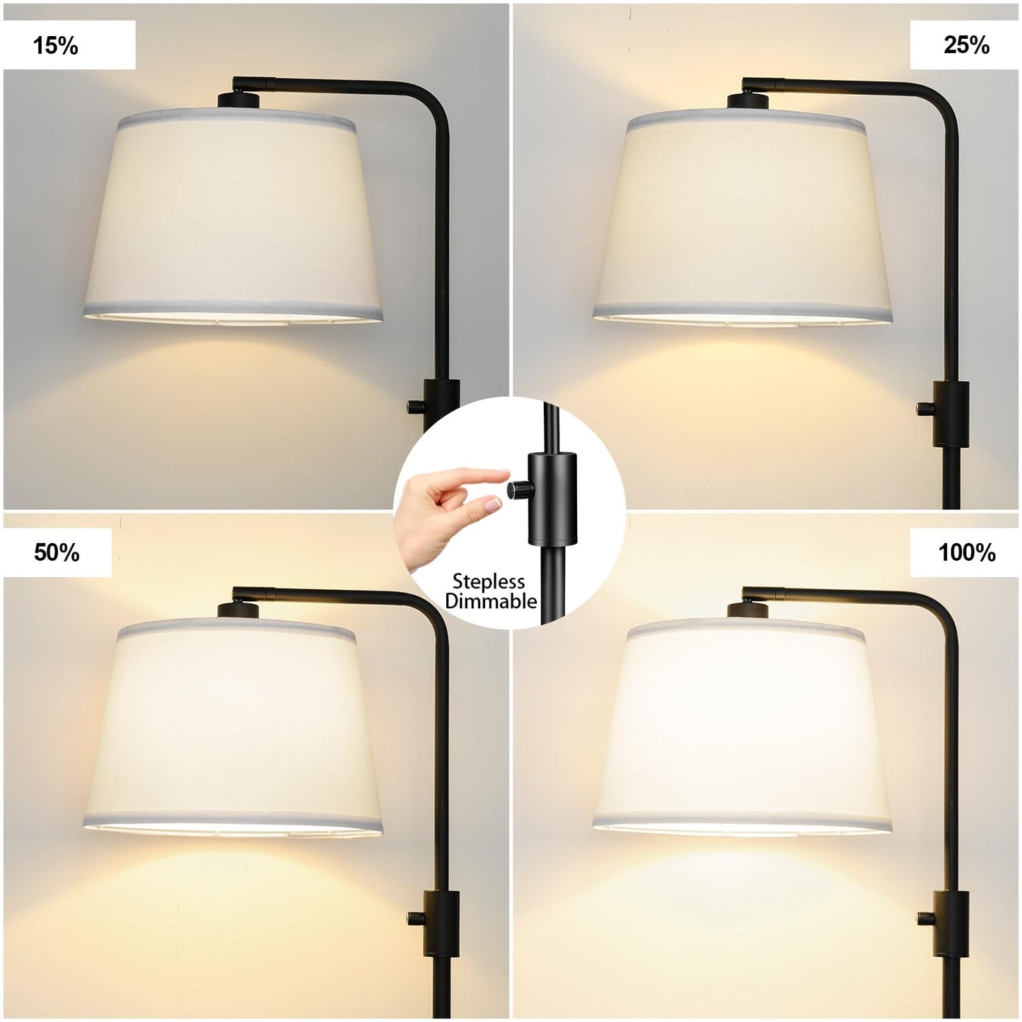 【Upgraded】 Dimmable Floor Lamp, 1000 Lumens LED Edison Bulb Included, Arc Black Floor Lamps for Living Room Modern Standing Lamp with White Shade, Tall Lamps for Living Room Bedroom Office Dining Room