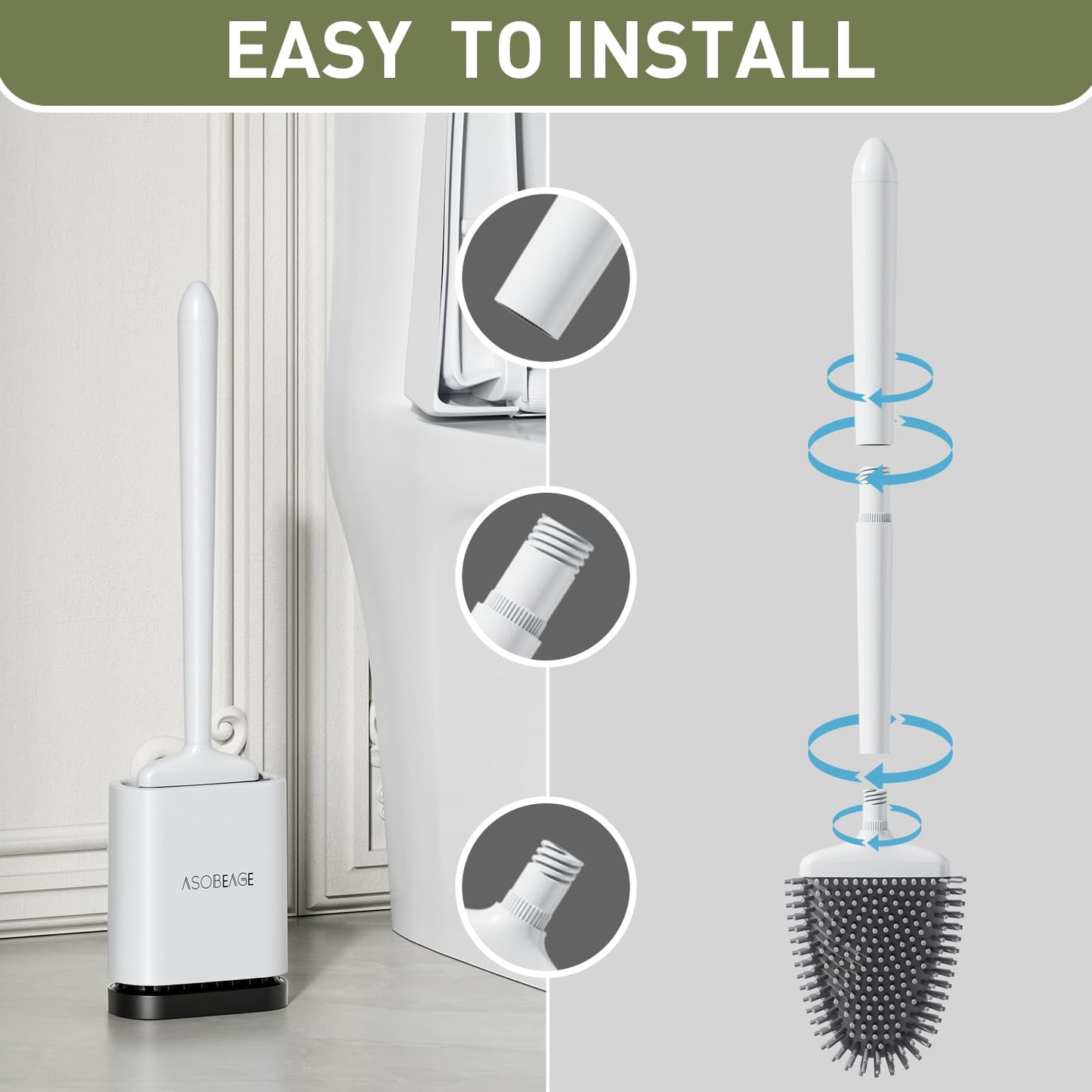 ASOBEAGE Silicone Toilet Brush: Flexible Head, Long Handle, Wall-mounted, Quick-drying Holder for Bathroom Clean (White)