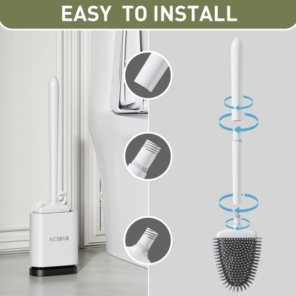 ASOBEAGE Silicone Toilet Brush: Flexible Head, Long Handle, Wall-mounted, Quick-drying Holder for Bathroom Clean (White)