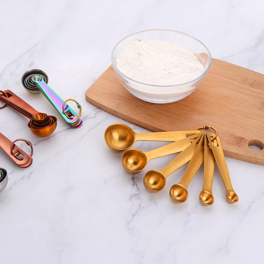 DOCBLACK Measuring Spoons, Heavy Duty 18/8 Stainless Steel Measuring Spoons Cups Set, Set of 6 for Gift Measuring Dry and Liquid Ingredients - Gold