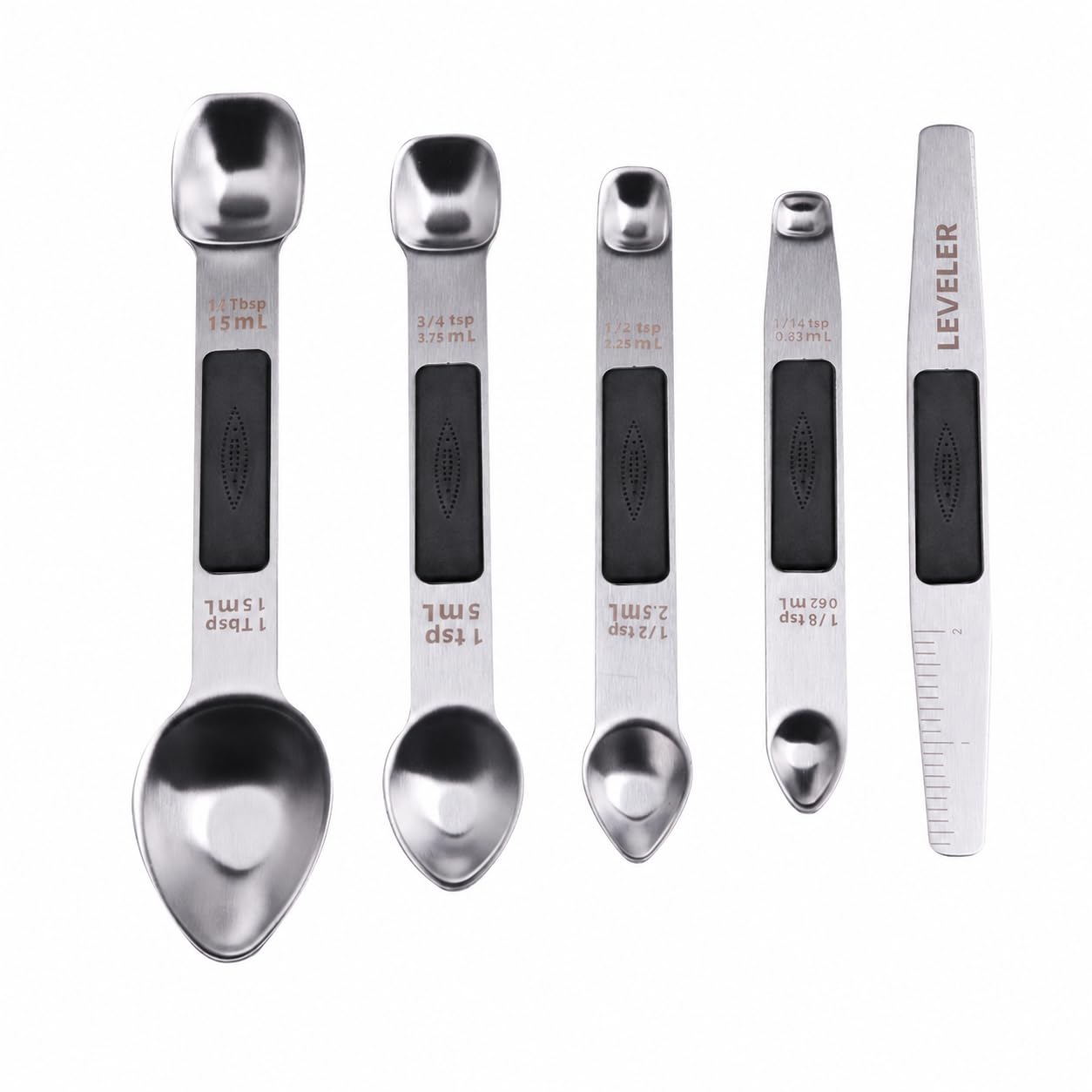 Stainless Steel Magnetic Measuring Spoons Set, Heavy Duty Metal Kitchen Gadgets for Baking & Cooking, Fits in Most Kitchen Spice Jars, Set of 4 with Leveler (Black)
