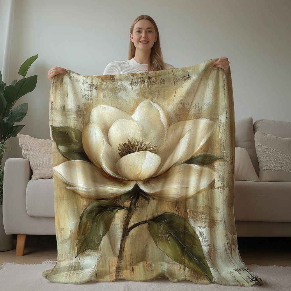 HUNXIAOJ Magnolia Blanket Flower Print Blanket Magnolia Floral Decor Warm Soft Flannel for Teens Adults Bed Sofa Couch (49in x 59in)
