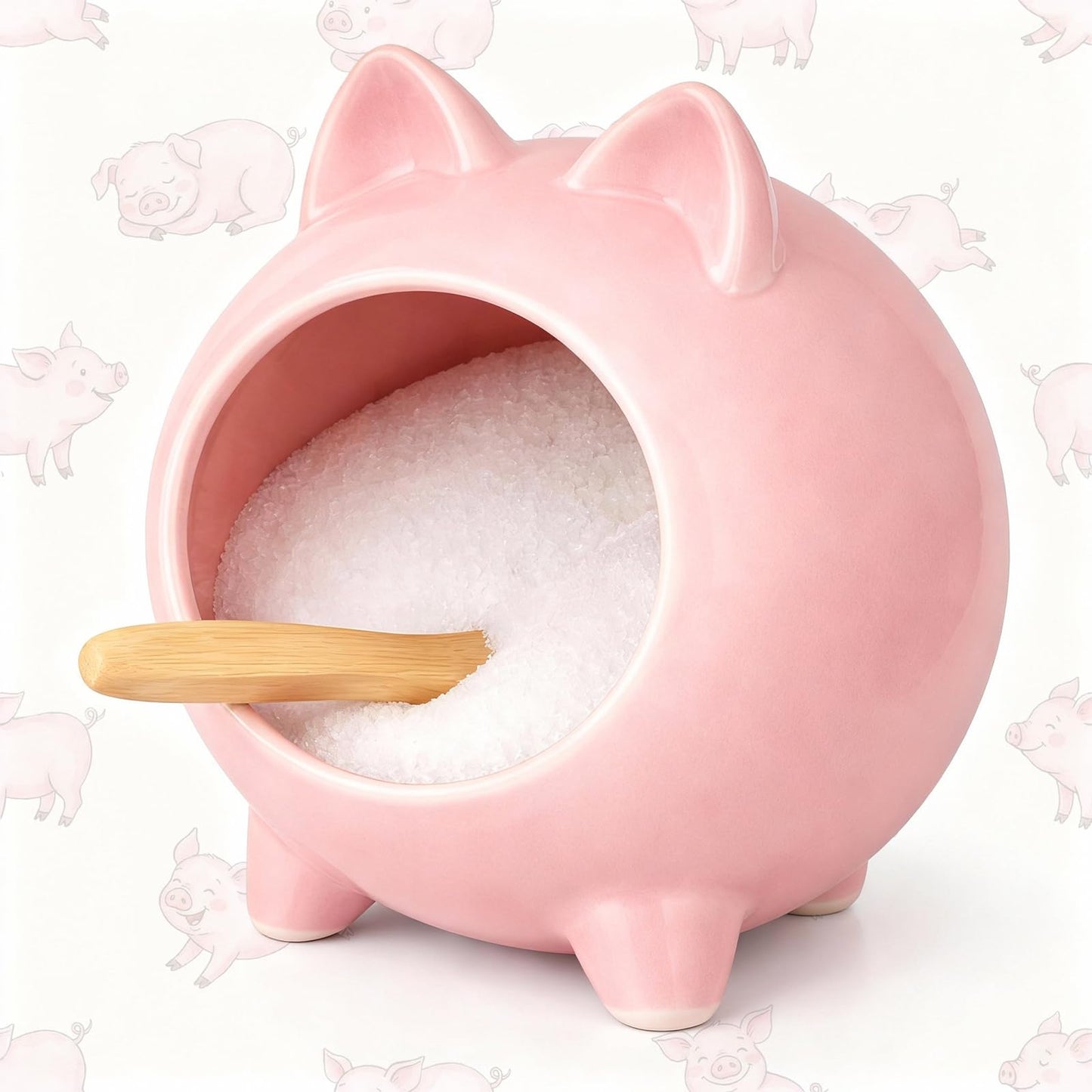 Sliner Ceramic Salt Pig with Wooden Spoon Pink Cute Pig Shaped Salt Cellar Holder Countertop Storage Container for Kitchen Counter Dishwasher Safe