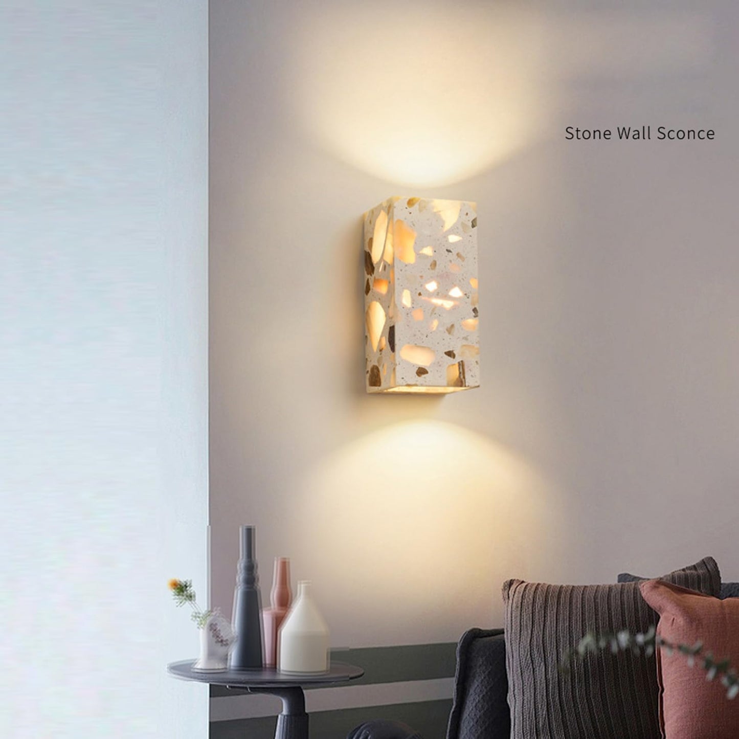 PLSDH Modern Terrazzo Wall Sconce, Handmade Natural Stone Wall Light Fixture, LED wall sconces, Warm Light, Vanity Lamp for Living Room, Bedroom, Hallway, Kitchen Island 6.3in