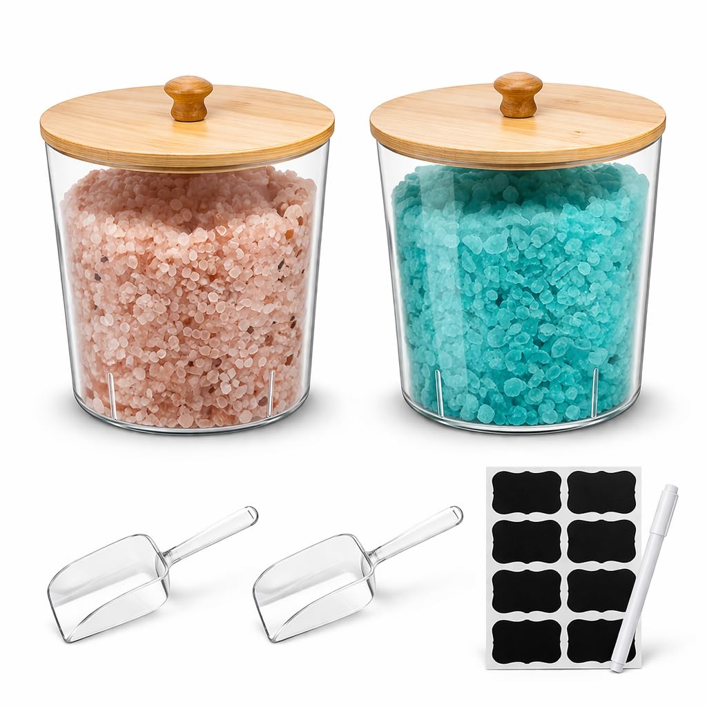 Yomjarl Bath Salt Container,2 Pack Clear Plastic Storage Bathroom Canisters with Wooden Lids & Handle,Airtight Bath Salt Dispenser Jars for Bathroom Organization Accessories,Bathtub Decor Box- Round