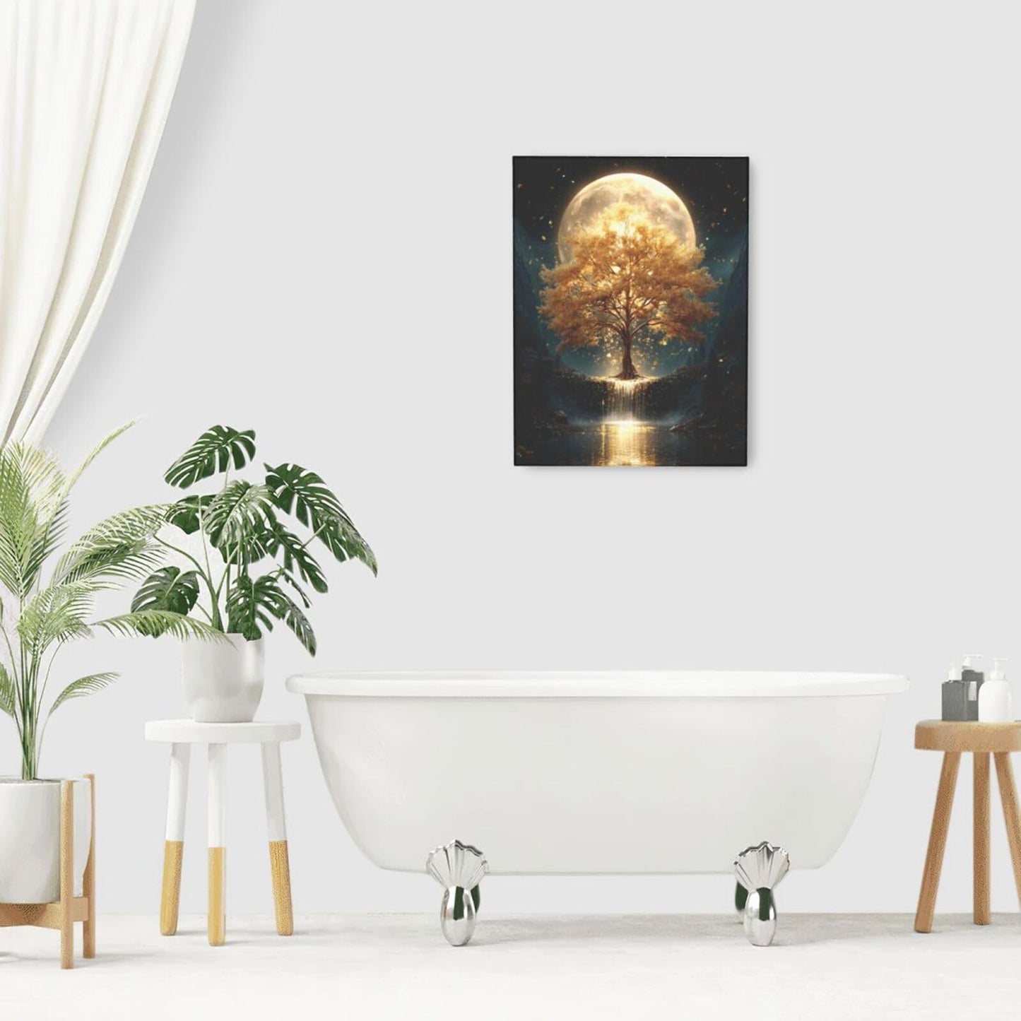 Golden Tree Wall Art Fantasy Tree with Moon and Waterfall Canvas Wall Decor Pictures Paintings Prints Mystical Nature Artwork Framed De corations For Meditation Space Bathroom Bedroom Living Room Office Gifts 12" x 16"