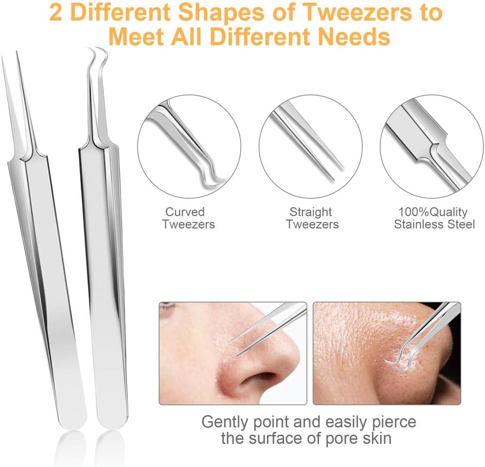 9 PCS Blackhead Remover Tools, Pimple Popper Tool Kit & Comedone Extractor - Professional Acne, Zit, Blemish & Whitehead Removal for Face & Nose, with Stainless Steel Tweezers & Travel Case, UUBAAR
