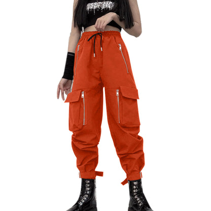 MEINVQIAOTI Halloween Orang Cargo Pants Women Loose Chained Gothic Pants Multi-Pocket Multi-Zip Punk Goth Pants (Orange,2XL)