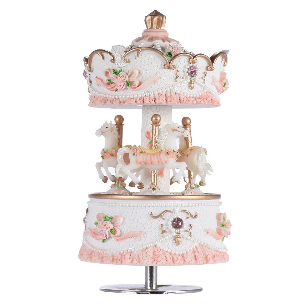Carousel Music Boxes for Girls 3-Horse Rotating Windup Melody Castle in The Sky Color Change LED Lights Musical Gift for Daughter Birthday Christmas Festival Music Box Artware Pink