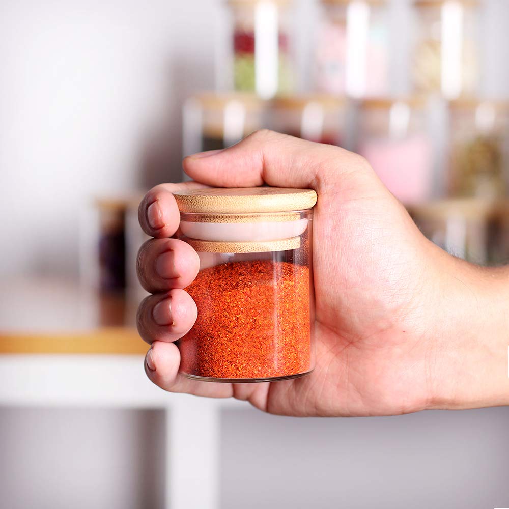 Tzerotone Spice Jar Set,2.5oz 20 Piece Glass Jar with Bamboo Airtight Lids and Labels, Mini Clear Food Storage Containers for pantry, kitchen canisters for Tea, Herbs, Sugar, Salt, Coffee