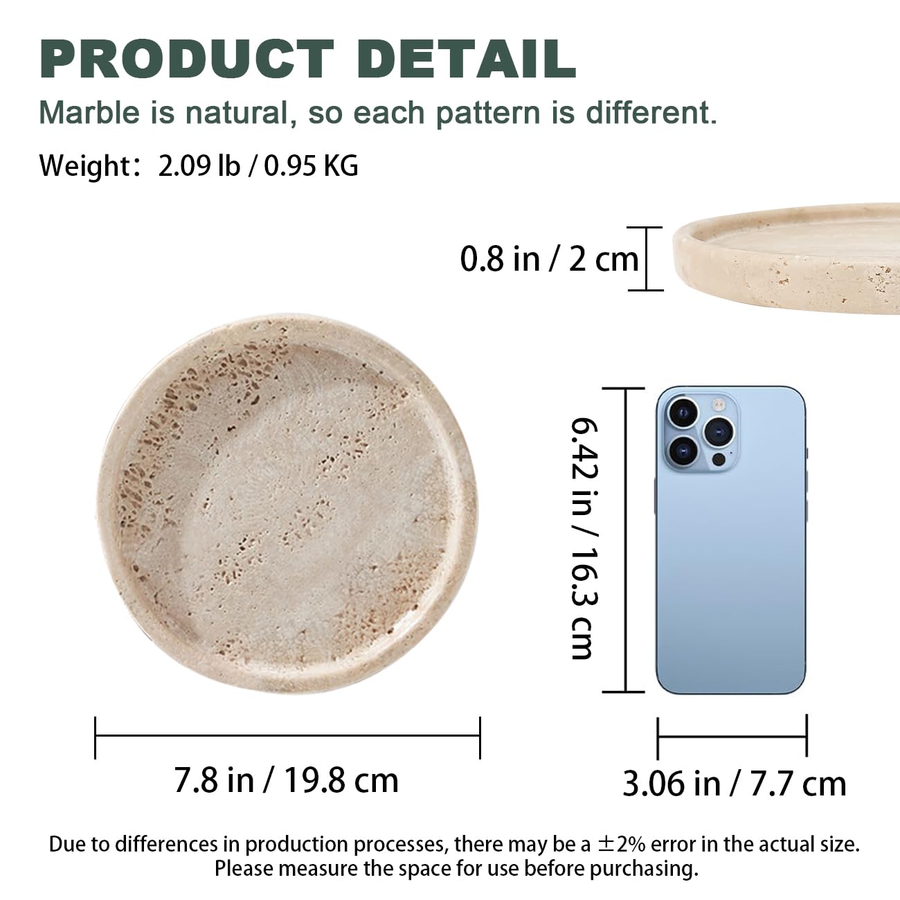 XINFUHUA Travertine Tray, 7.8" Round Marble Decorative Trays for Coffee Table, Small Ceramic Vanity Tray for Bathroom Counter Decor (7.8in)