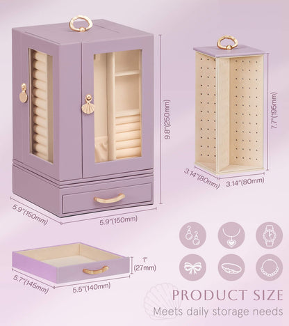 Enthralite Jewelry Box Large for Dresser: Women Necklace Ring Storage Organizer with Compartments - Elegant Earring Holder Display - 360° Rotating Jewelry Organizer with Glass Door