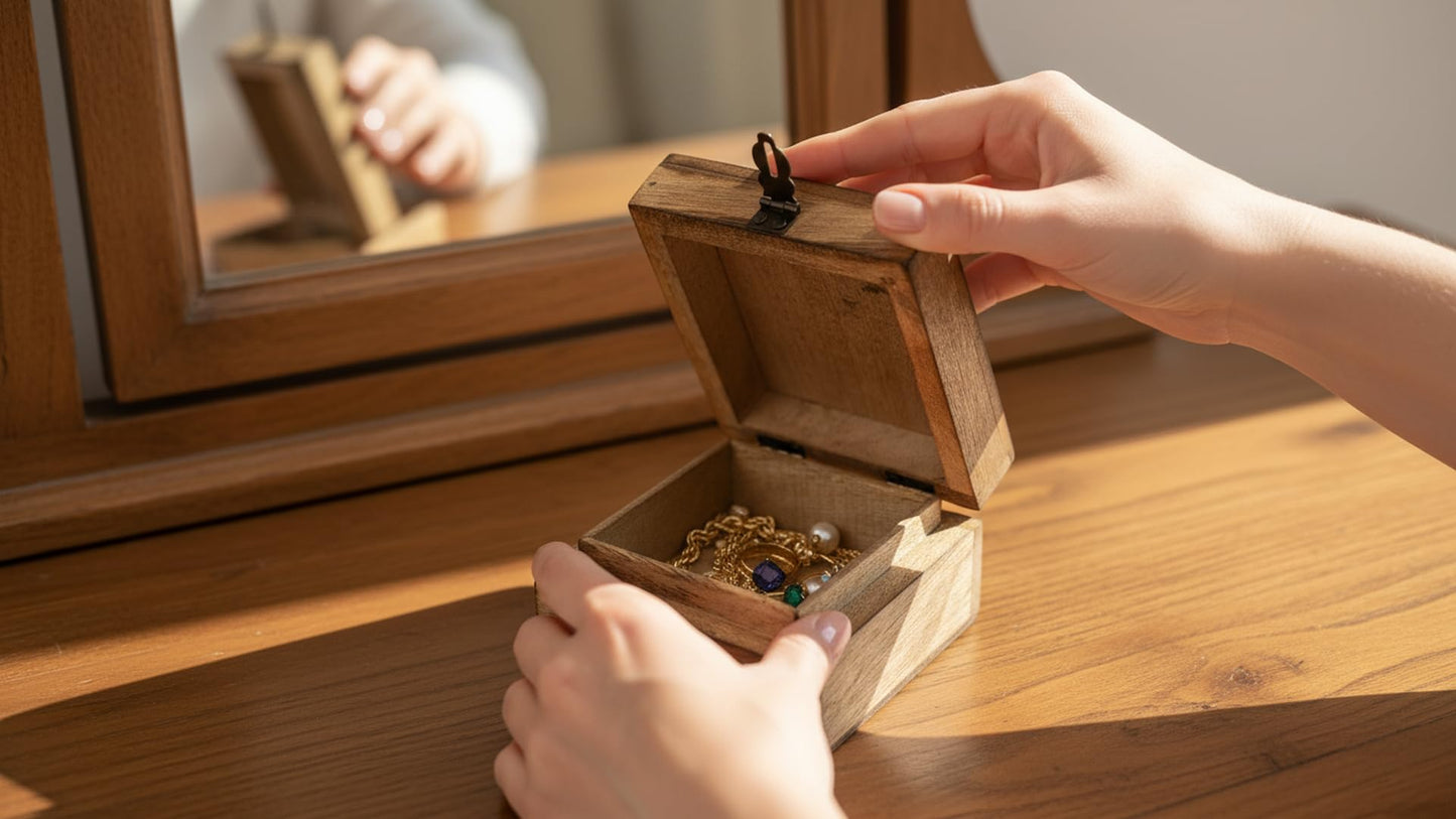 Handmade Decorative Wooden Jewelry Box With Ankh Carving Jewelry Organizer Keepsake Box Treasure Chest Trinket Holder Watch Box Storage Lock Box 4 x 4 Inches Housewarming Gifts (Blue)