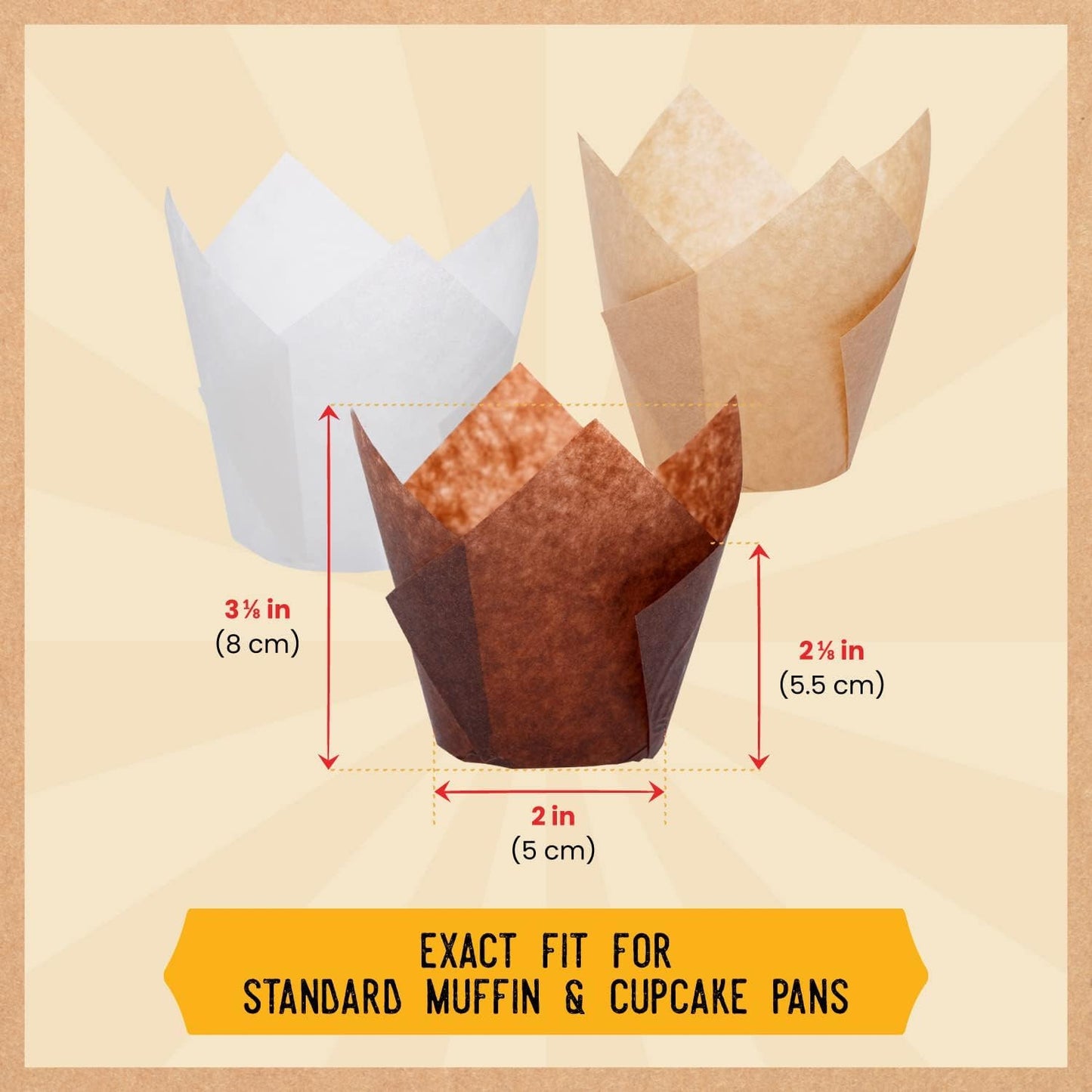 Tulip Cupcake Liners, Muffin Liners for Baking by Baker’s Signature 200pcs of Parchment Paper Cups Cupcake Wrappers – Perfect Size, Sturdy, Greaseproof & Easy to Use – Beige White Brown