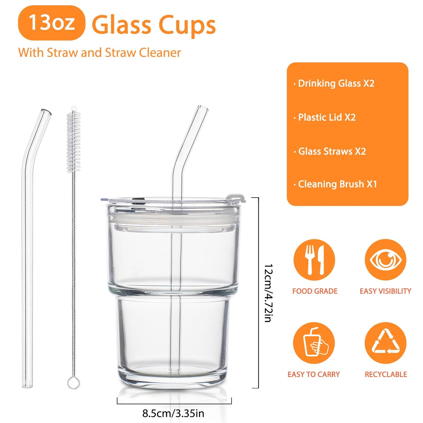 SoulTimes 13oz Glass Tumbler with Lid and Glass Straw Set of 2 – Thick-Walled Iced Coffee Cup, Reusable Clear Glass Cups for Water, Iced Tea, Coffee, Juice, Perfect for On-the-Go & Daily Use