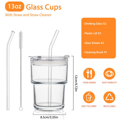 SoulTimes 13oz Glass Tumbler with Lid and Glass Straw Set of 2 – Thick-Walled Iced Coffee Cup, Reusable Clear Glass Cups for Water, Iced Tea, Coffee, Juice, Perfect for On-the-Go & Daily Use