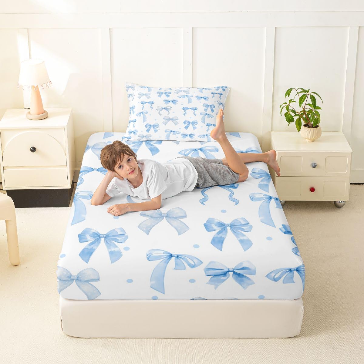 jejeloiu White Blue Bow Fitted Sheet Twin Size for Kids Boys Girls Dreamy Princess Bowknot Bed Sheets Set 16" Deep Pocket Kawaii Ribbon Bow Knot Bedding with 1 Pillowcase Room Decor