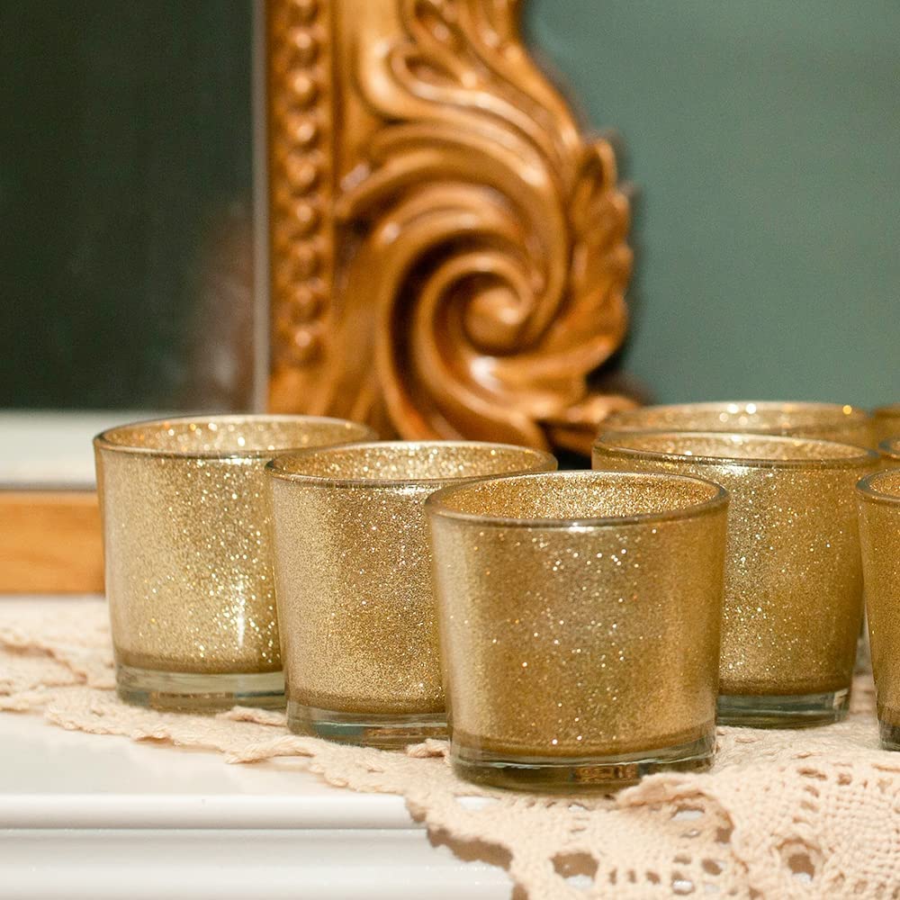 Gold Votive Candle Holders, BeMoment Glitter Glass Tealight Candle Holder for Christmas, Wedding Decor and Home Decor, Festival, Xmas, Holiday, Set of 12(2”×2”)