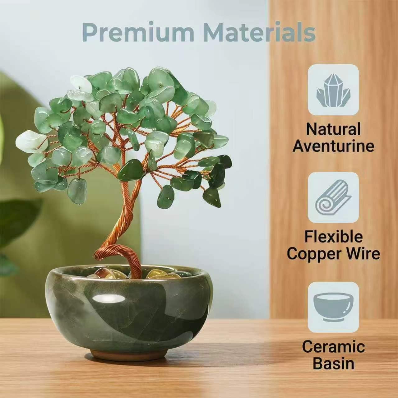 Green Aventurine Crystal Money Tree Bonsai for Entryway Wealth Corner Office Desk Store Front Decor