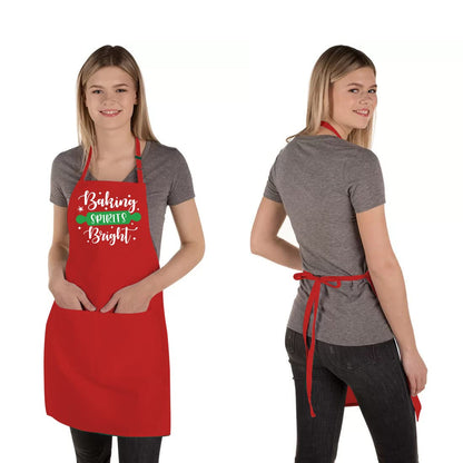 Funny Christmas Baking Aprons for Women Men, Holiday Baking Gifts for Bakers, Red Xmas Kitchen Cooking Aprons with 2 Pockets, Cute Thanksgiving Christmas Apron Gift for Bakers - Baking Spirits Bright