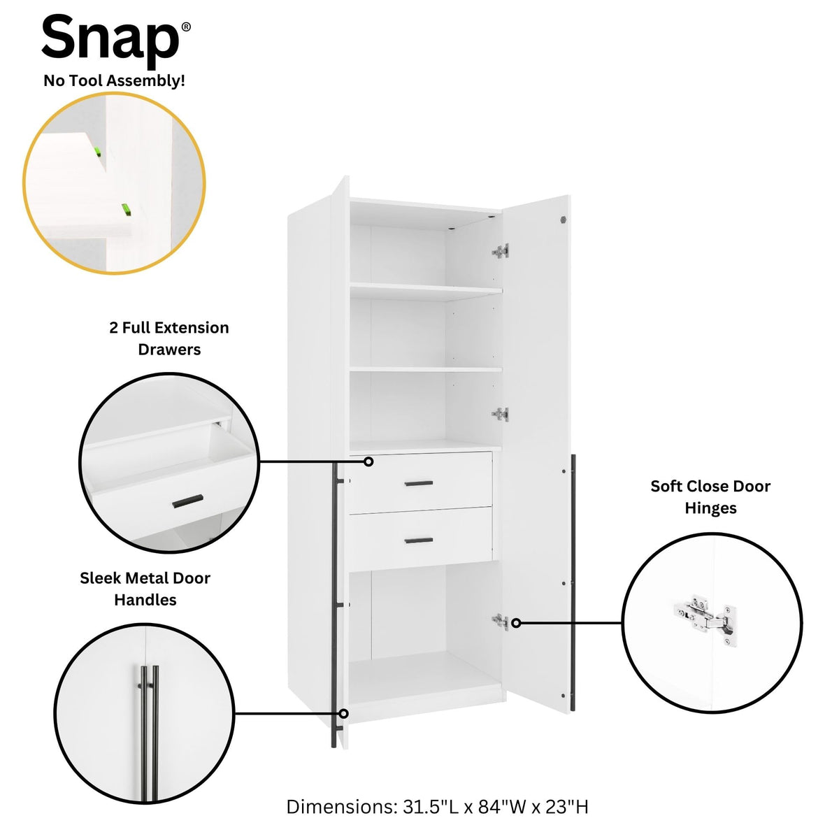 Manhattan Comfort Lee Freestanding Closet | Space-Saving Storage Cabinet with 4 Shelves, 1 Hanging Rod, 2 Drawers, 3 Shoe Shelves & 1 Large Storage Area | No Tool Assembly, 2 Piece Set, White