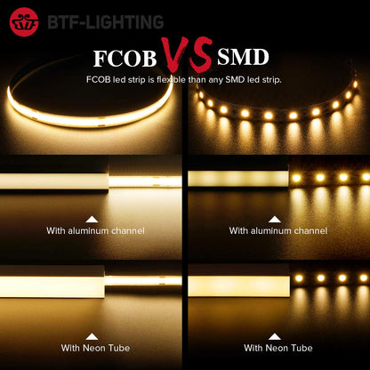 BTF-LIGHTING COB LED Strip Light 5M 528LEDs/m FCOB Dimmable Light Uniformity Flexible High Density Warm White 24V 10mm Width LED Tape for Bedroom Kitchen Home Interior Decoration(Only LED Strip)