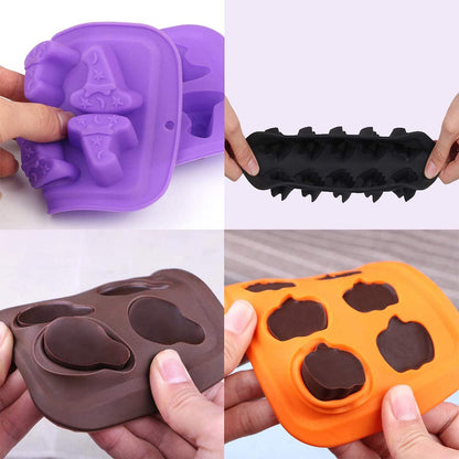 4 Pack Halloween Silicone Baking Molds，Pumpkin Skull Bat Wizard Hat Shape Cake Mold Chocolate Gummy Molds Ice Tray Cake Decor for Halloween Party Decorations Kitchen DIY Baking Tools