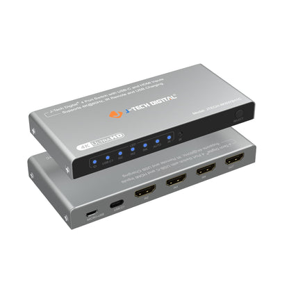 J-Tech Digital 4K 60Hz 4x1 HDMI & USB-C Switch | 3 HDMI + 1 USB-C Input, 1 HDMI Output | Compatible w/HDR & Dolby Vision | IR Remote, Auto Switch, CEC, Digital Audio [JTECH-4KSW3H1C]