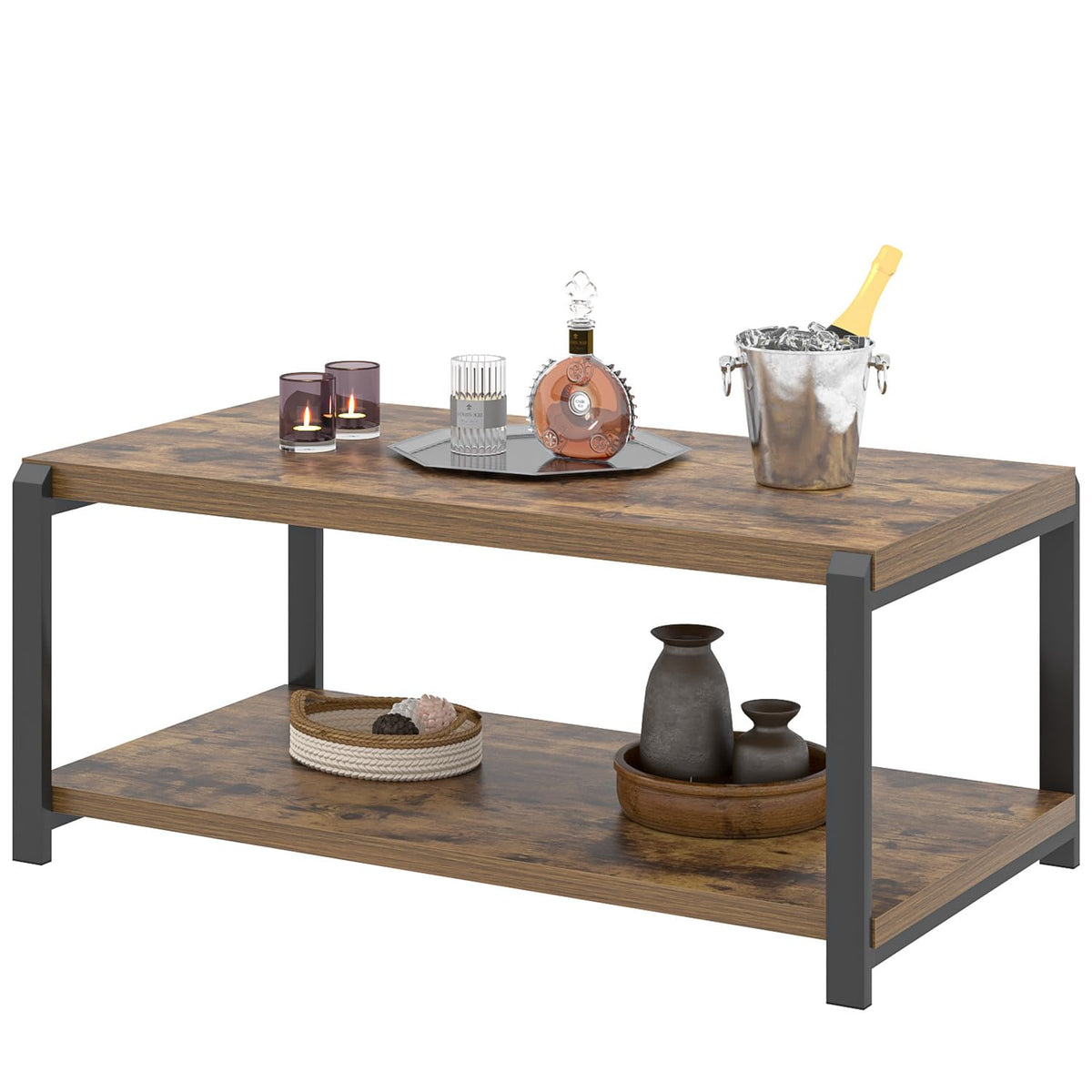 EXCEFUR Modern Coffee Table, Industrial Wood and Metal Center Table, Cocktail Tea Tables for Living Room, Rustic Brown