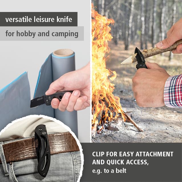 Wolfcraft Leisure Knife with Folding Blade I 4289000 I Versatile leisure knife for hobby and camping - 75 mm blade with serrated cutting edge