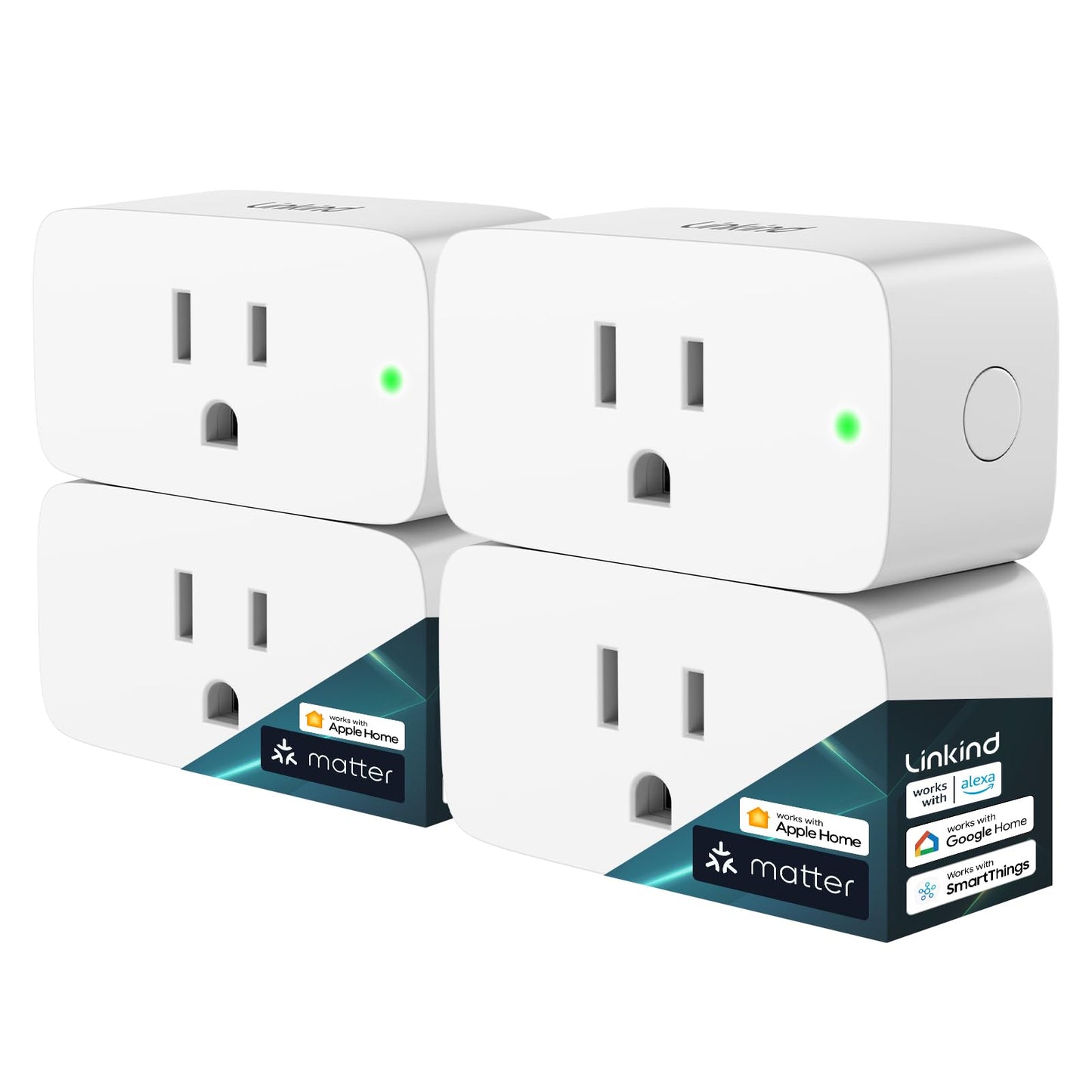Linkind Matter Smart Plug with Remote, Work with Apple Home, Siri, Alexa, Google Home, SmartThings, Smart Outlet 15A/1800W Max, Smart Automation, Remote Control,Timer&Schedule, 2.4G Wi-Fi, 4 Pack