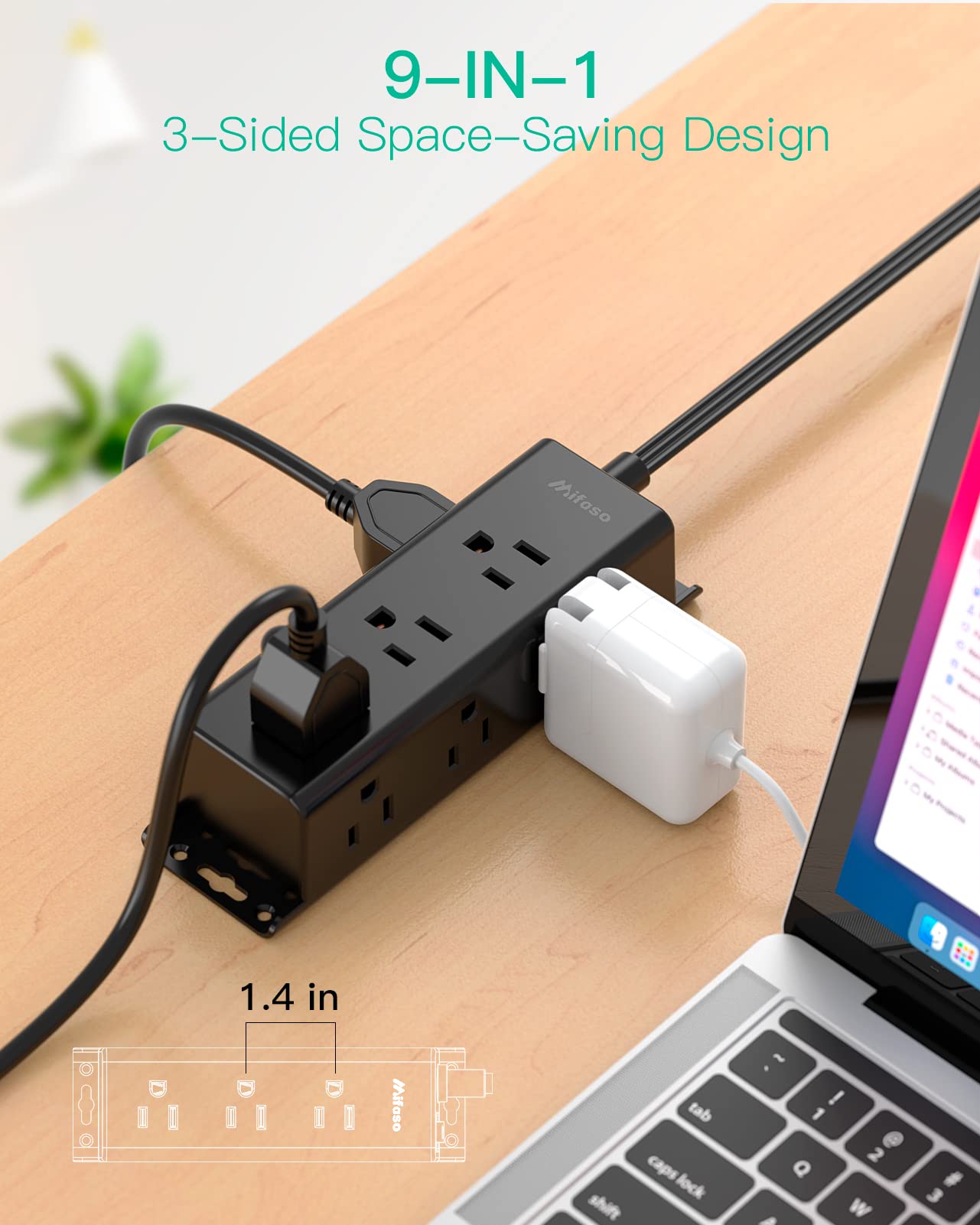 Surge Protector Power Strip - 9 Widely Spaced Multi Outlets, Wall Mount, 3 Side Outlet Extender with Extension Cord, Flat Plug, Overload Protection, Home Office Dorm Room Essentials (5FT, White)