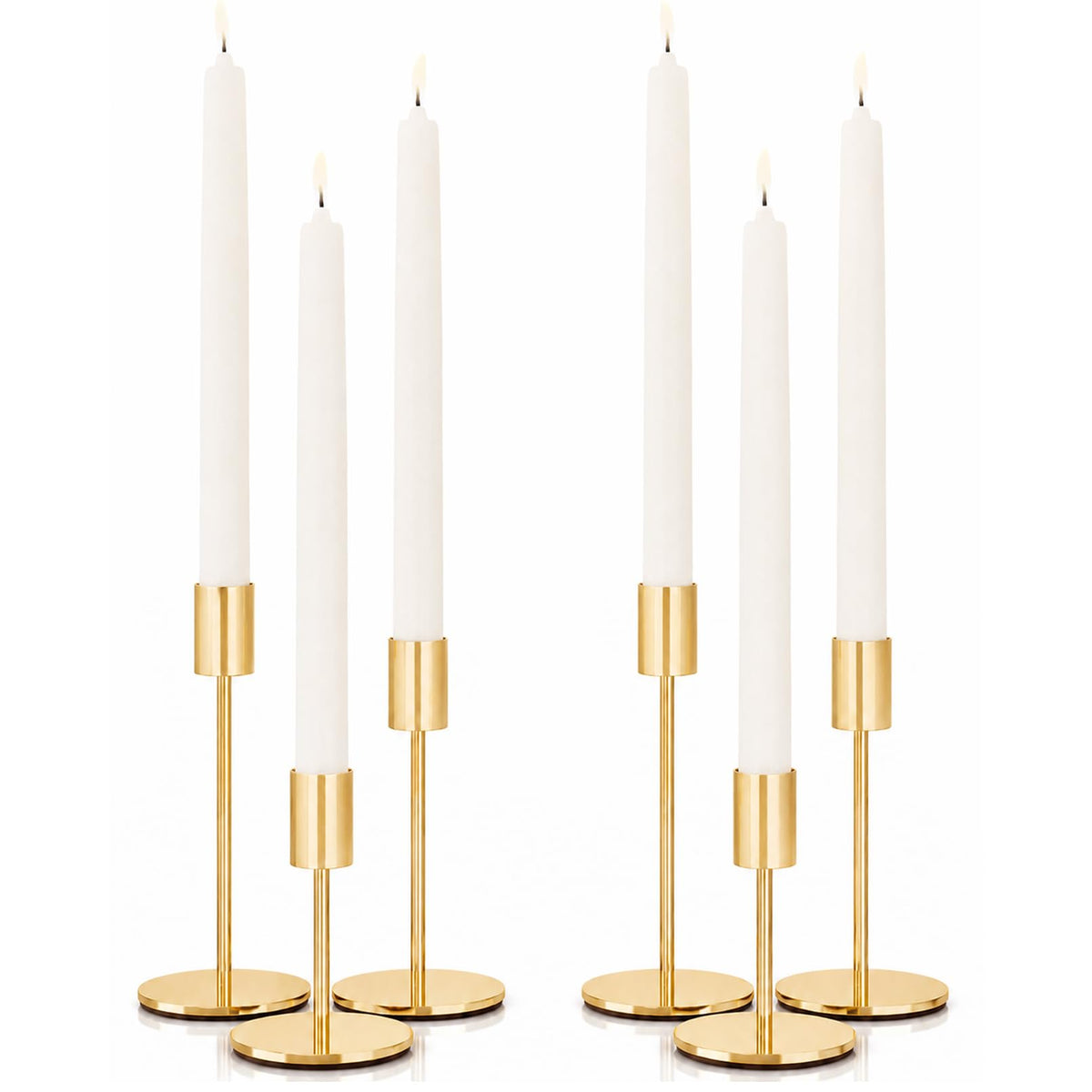 zeochyni French Gold Candlestick Holders Set of 6, Metal Taper Candle Holders in 3 Heights with Weighted Base for Dining Table Centerpiece, Wedding, Mantel Decor and Housewarming Gift
