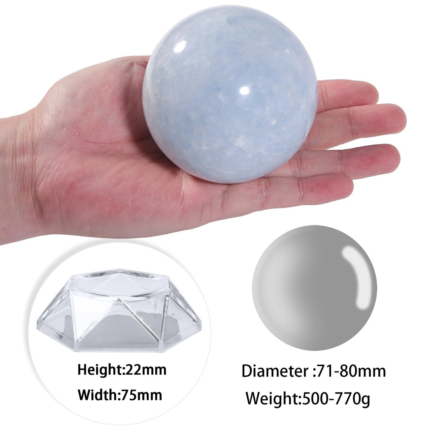 Rockcloud Natural Blue Celestite Crystal Ball with Acrylic Stand Polished Decorative Sphere Figurine Sculpture for Divination, 2.79-3.14 Inches