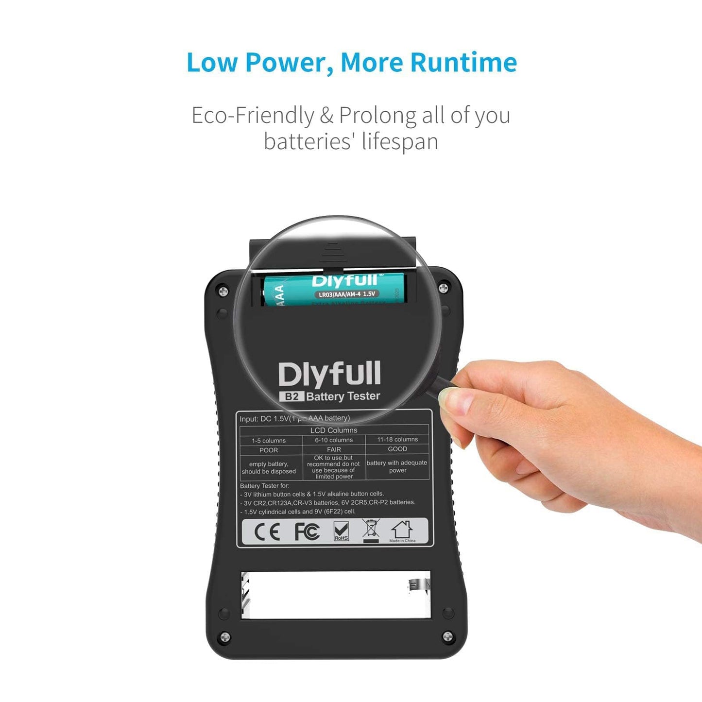 Battery Tester, Dlyfull LCD Display Universal Battery Checker for AA AAA C D 9V CR2032 CR123A CR2 CRV3 2CR5 CRP2 1.5V/3V Button Cell Batteries, 1x AAA batteries included