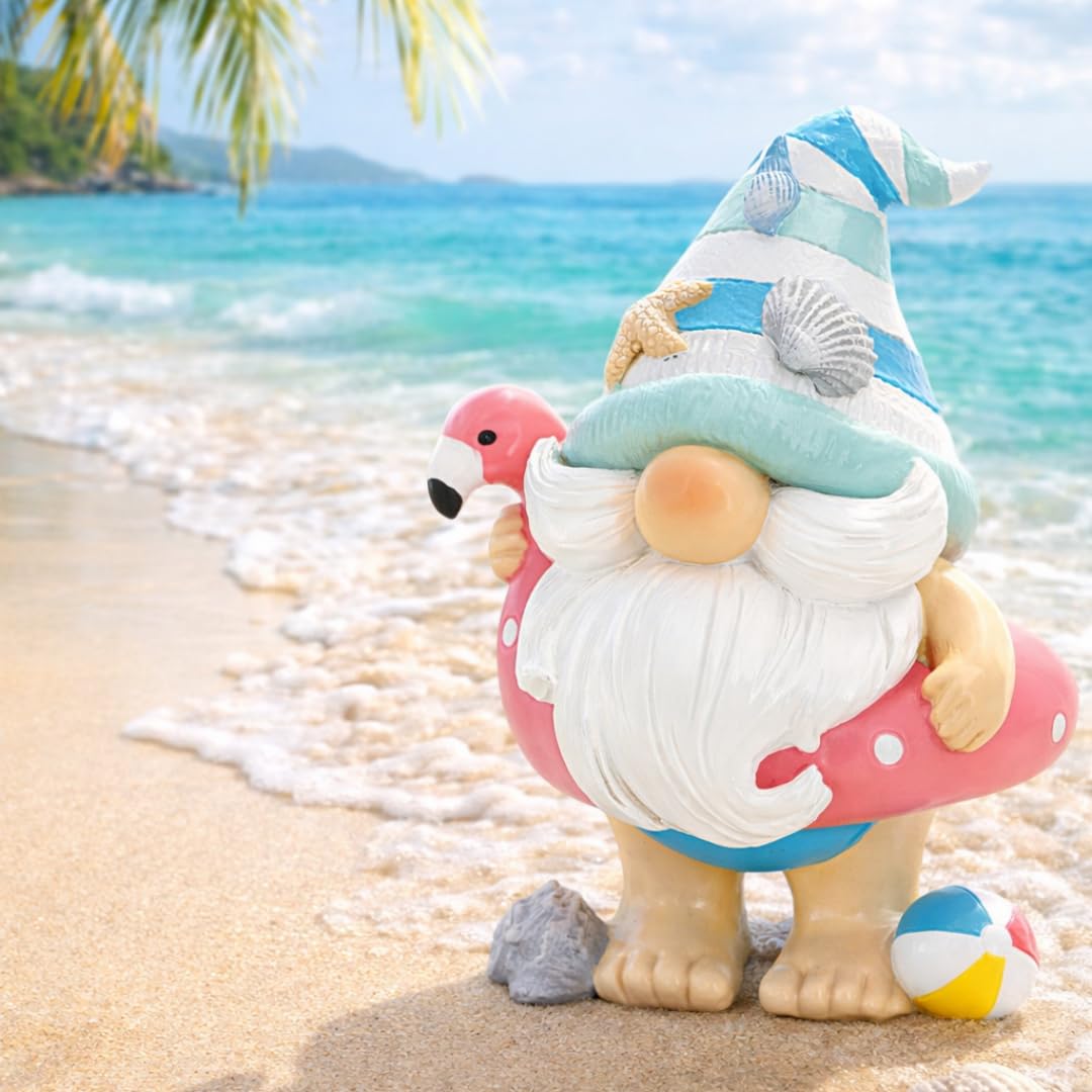 Hodao Coastal Ocean Gnome Decorations – Hand-Painted Resin Beach Gnome Figurine with Flamingo Float, Seashell Hat & Beach Ball, Summer Sea Decor Gift for Indoor Home, Bedroom & Tabletop Ornaments