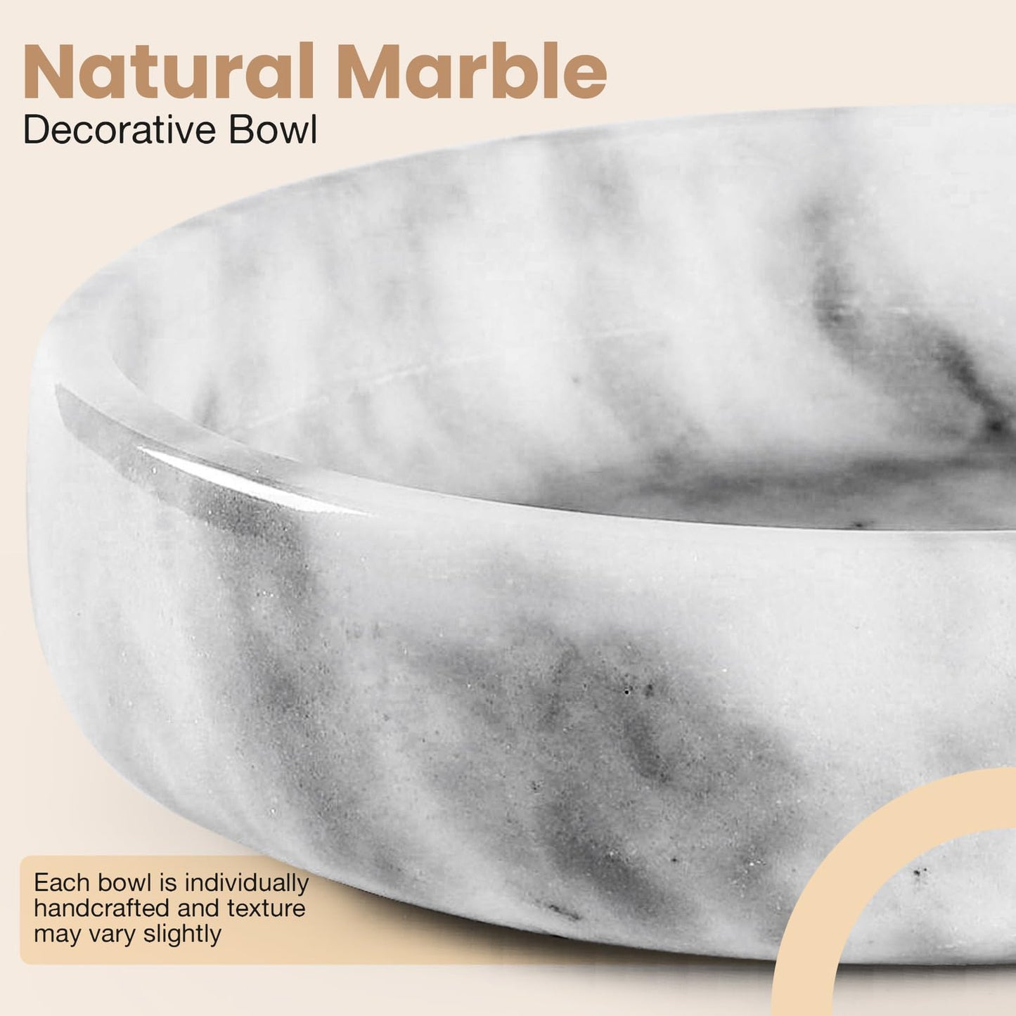 FNTSTICGOODS Marble Decorative Bowl - 7.5" White/Grey Solid Marble Centerpiece - Handmade Stone Fruit Bowl - Catch-All or Key Bowl for Kitchen - Modern Minimalist Decor
