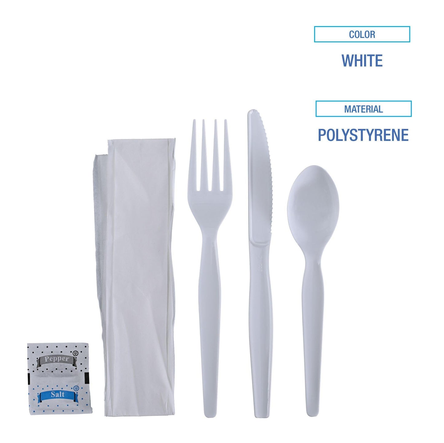 Boardwalk Six-Piece Cutlery Kit, Condiment/Fork/Knife/Napkin/Spoon, Heavyweight, White, 250/Carton