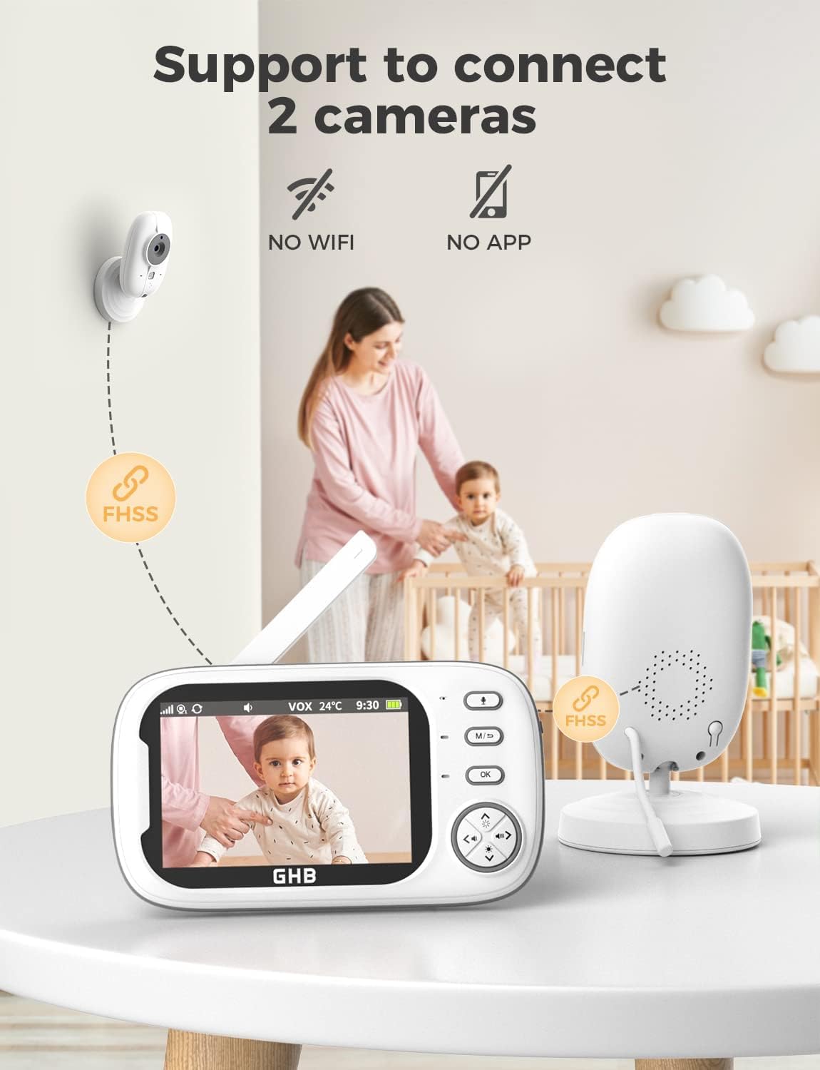GHB Baby Monitor with Camera and Night Vision, 3.5-inch Video Monitor, VOX Mode, 2-Way Talk, 8 Lullabies, Temperature Alert, Feeding Reminder
