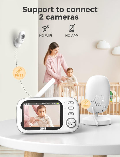 GHB Baby Monitor with Camera and Night Vision, 3.5-inch Video Monitor, VOX Mode, 2-Way Talk, 8 Lullabies, Temperature Alert, Feeding Reminder