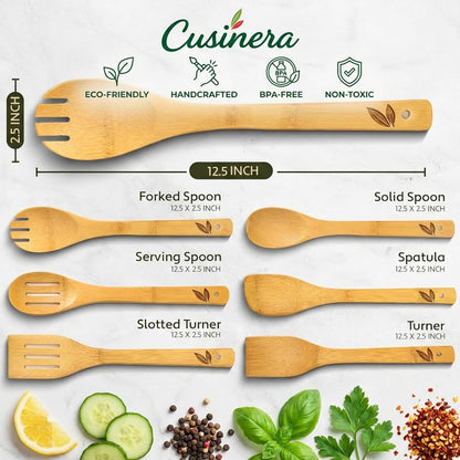 Cusinera Dishwasher Safe Bamboo Wooden Spoons for Cooking 6-Piece – Kitchen Gadgets Wooden Cooking Utensils Set – Premium Kitchen Utensils Set – Easy to Clean, Perfect for Non-Stick Cookware